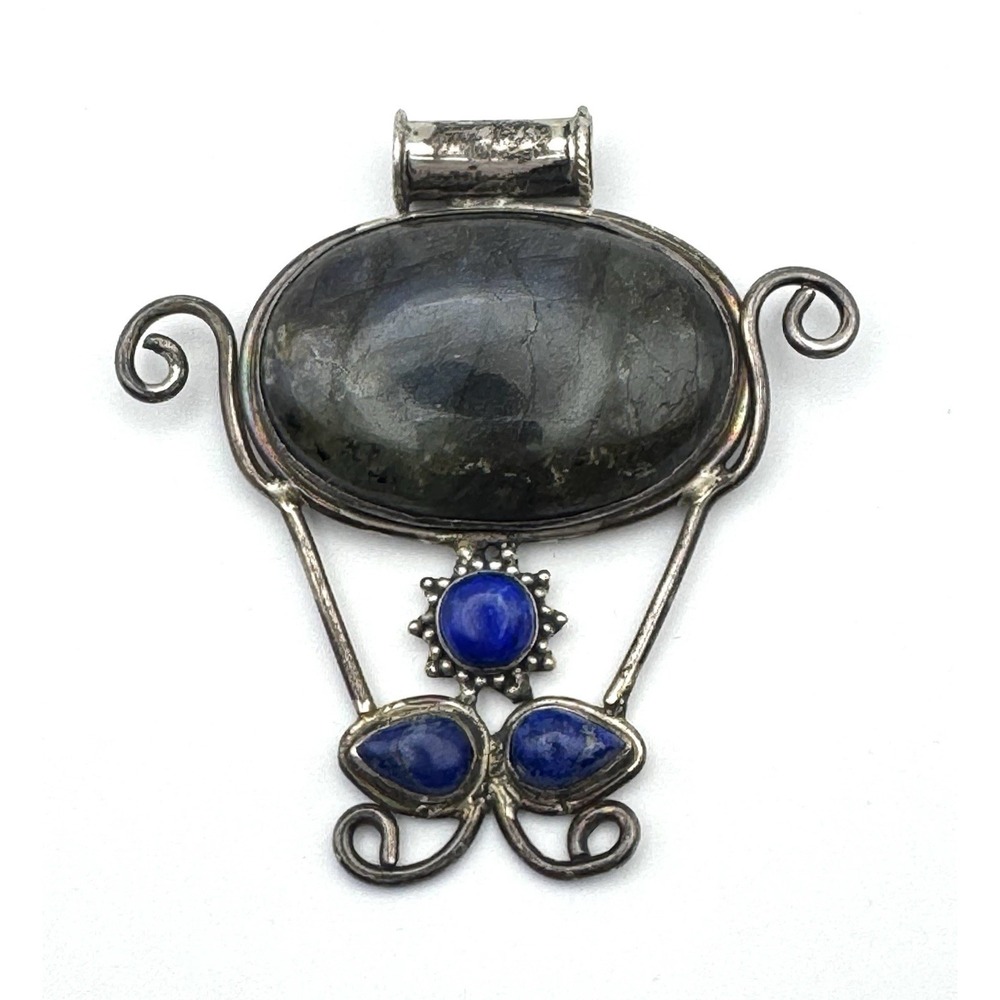 Mexico 925 Sterling Silver Labradorite Lapis Modernist Pendant 42.3g Vintage